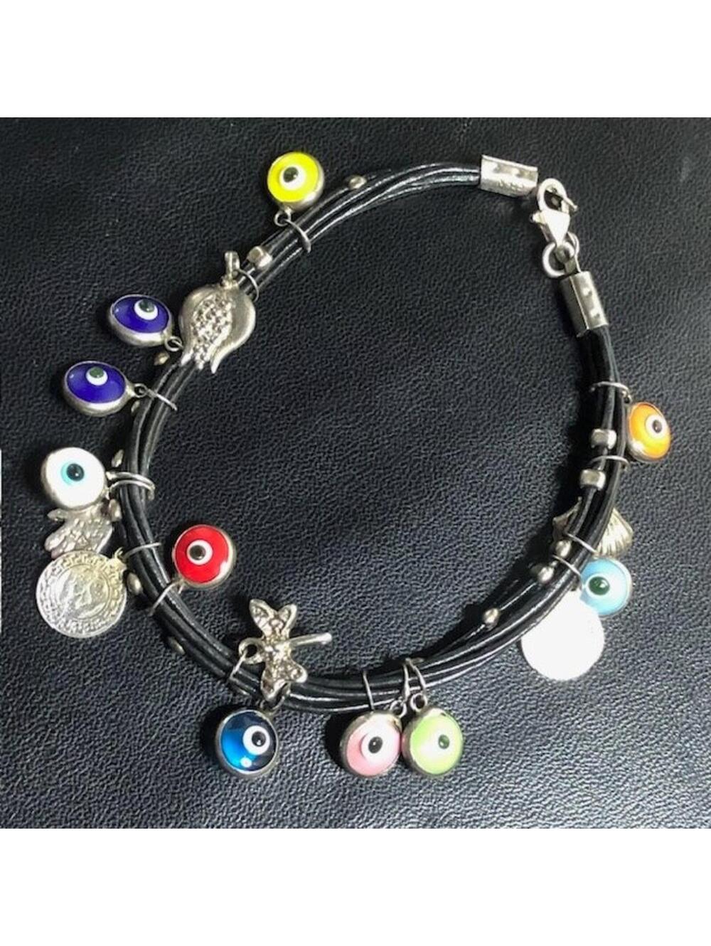B0571 Sterling Silver Charm Bracelet Evil Eye hamsa shell dragonfly 7.25" 7.6gr